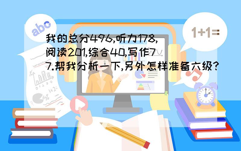 我的总分496,听力178,阅读201,综合40,写作77.帮我分析一下,另外怎样准备六级?