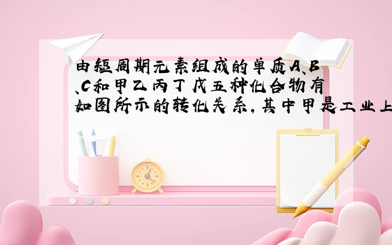 由短周期元素组成的单质A、B、C和甲乙丙丁戊五种化合物有如图所示的转化关系,其中甲是工业上制取A的主要原料.写出各种物质