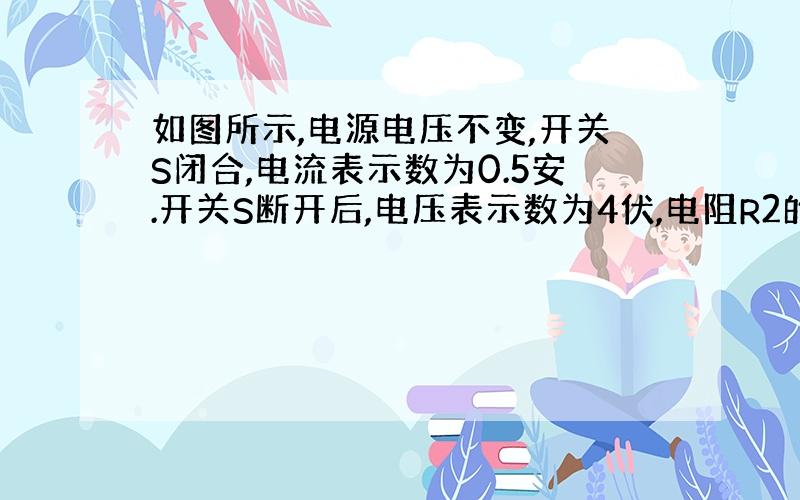 如图所示,电源电压不变,开关S闭合,电流表示数为0.5安.开关S断开后,电压表示数为4伏,电阻R2的电功率为1.2瓦.求