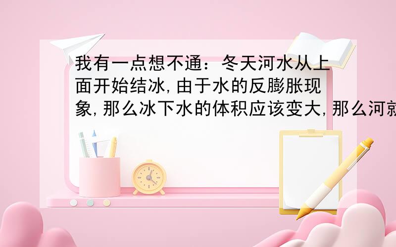 我有一点想不通：冬天河水从上面开始结冰,由于水的反膨胀现象,那么冰下水的体积应该变大,那么河就会因膨胀而破裂.我不知道我