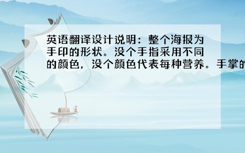 英语翻译设计说明：整个海报为手印的形状。没个手指采用不同的颜色，没个颜色代表每种营养。手掌的外轮廓用线勾出。掌部好似一杯