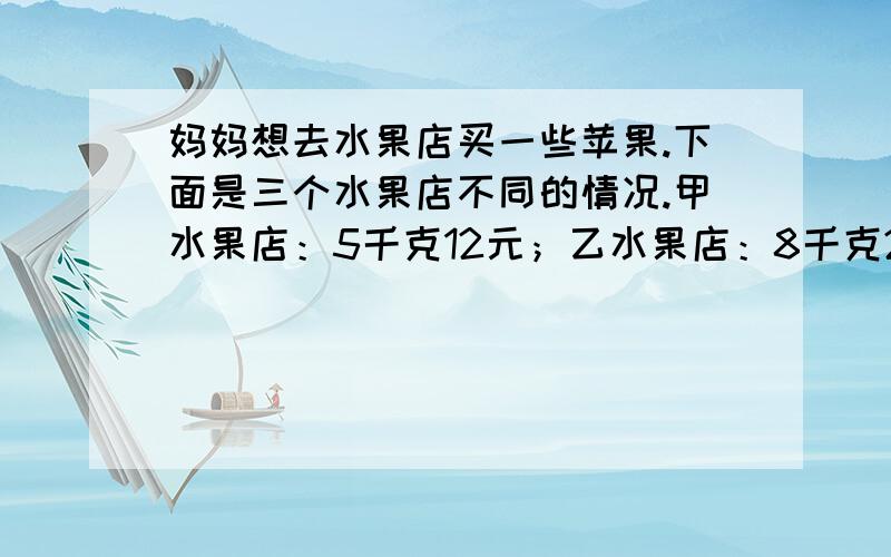 妈妈想去水果店买一些苹果.下面是三个水果店不同的情况.甲水果店：5千克12元；乙水果店：8千克20元；丙