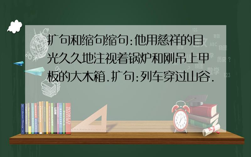 扩句和缩句缩句:他用慈祥的目光久久地注视着锅炉和刚吊上甲板的大木箱.扩句:列车穿过山谷.