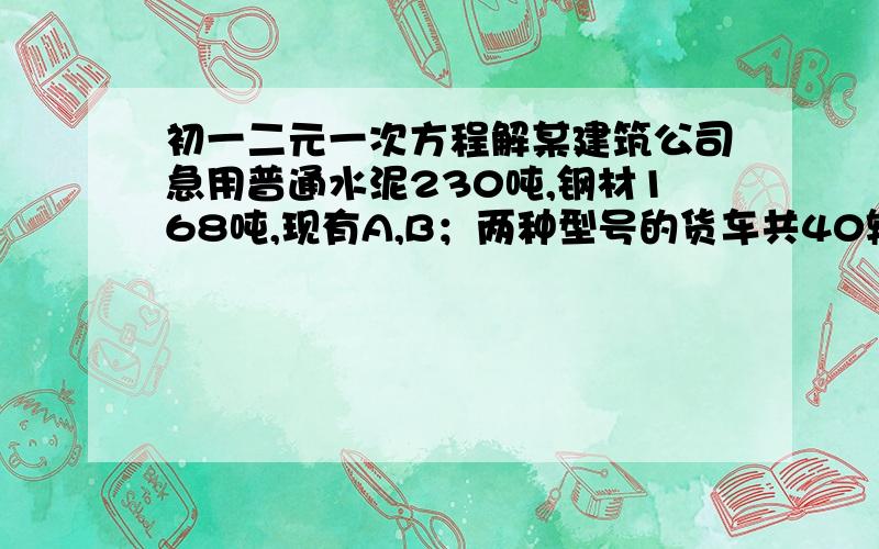 初一二元一次方程解某建筑公司急用普通水泥230吨,钢材168吨,现有A,B；两种型号的货车共40辆可供使用,每辆A型车最