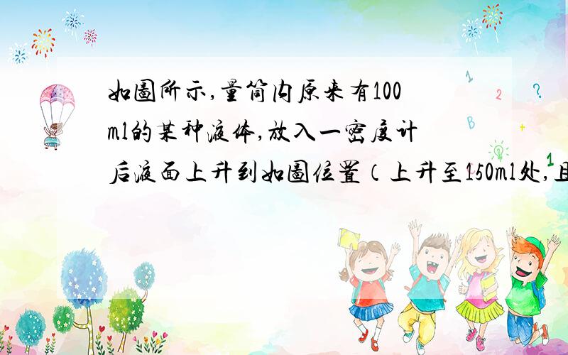 如图所示,量筒内原来有100ml的某种液体,放入一密度计后液面上升到如图位置（上升至150ml处,且对应密度计的密度为1