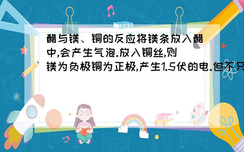 醋与镁、铜的反应将镁条放入醋中,会产生气泡.放入铜丝,则镁为负极铜为正极,产生1.5伏的电.但不只是那些成分的反应.