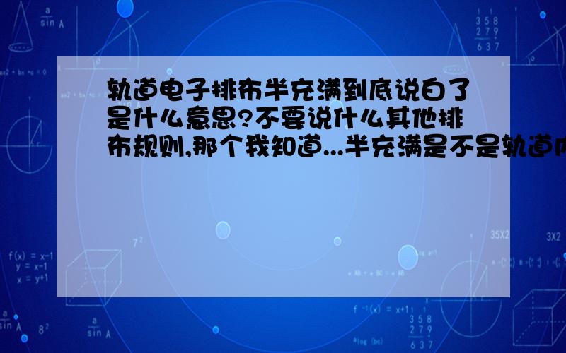 轨道电子排布半充满到底说白了是什么意思?不要说什么其他排布规则,那个我知道...半充满是不是轨道内只有一半电子数