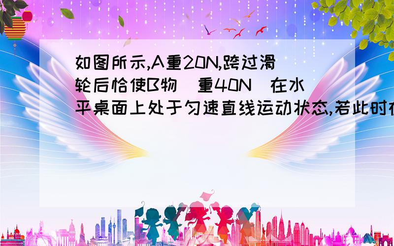 如图所示,A重20N,跨过滑轮后恰使B物（重40N）在水平桌面上处于匀速直线运动状态,若此时在B物上施加一水平向左的力,