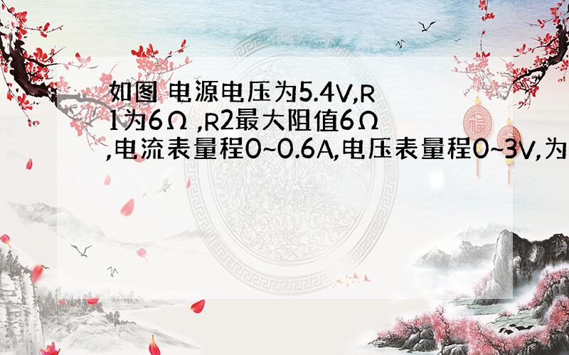 如图 电源电压为5.4V,R1为6Ω ,R2最大阻值6Ω,电流表量程0~0.6A,电压表量程0~3V,为保护电表滑变接入