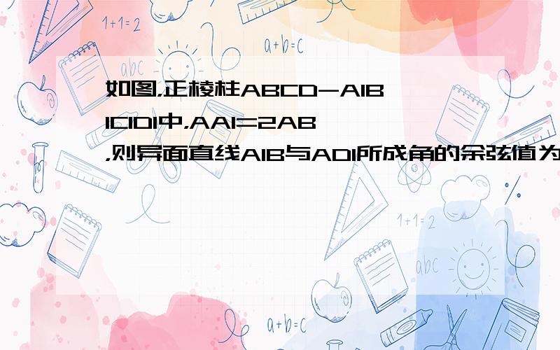 如图，正棱柱ABCD-A1B1C1D1中，AA1=2AB，则异面直线A1B与AD1所成角的余弦值为（　　）