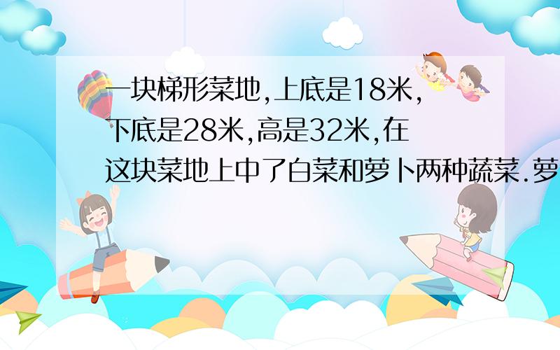 一块梯形菜地,上底是18米,下底是28米,高是32米,在这块菜地上中了白菜和萝卜两种蔬菜.萝卜地的面积是