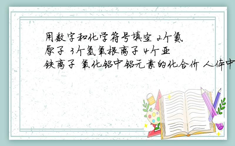 用数字和化学符号填空 2个氮原子 3个氢氧根离子 4个亚铁离子 氧化铝中铝元素的化合价 人体中含量最多