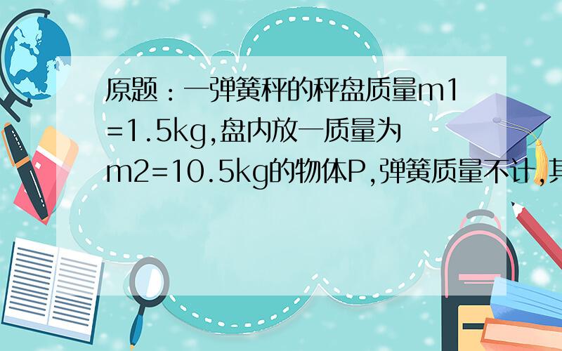 原题：一弹簧秤的秤盘质量m1=1.5kg,盘内放一质量为m2=10.5kg的物体P,弹簧质量不计,其劲度系数为K=800