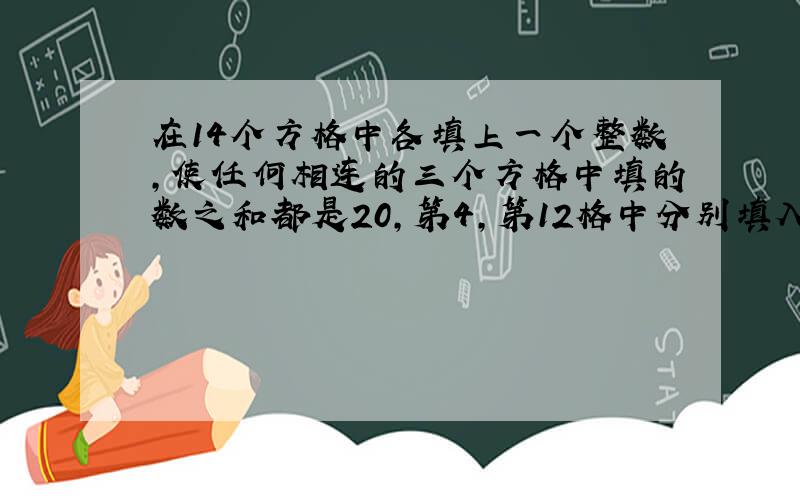 在14个方格中各填上一个整数,使任何相连的三个方格中填的数之和都是20,第4,第12格中分别填入9与7,