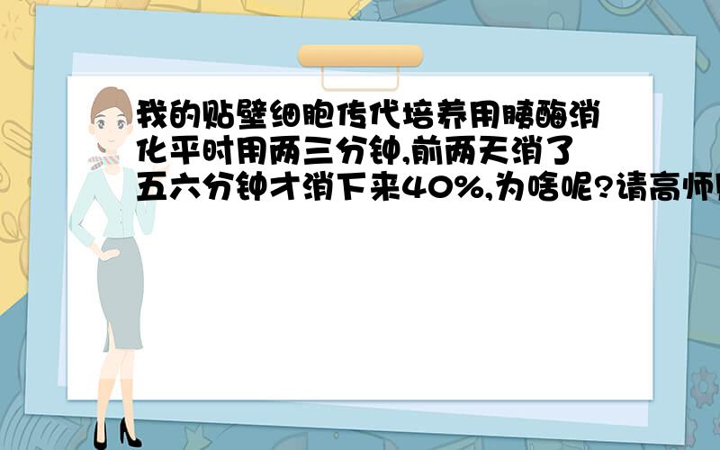 我的贴壁细胞传代培养用胰酶消化平时用两三分钟,前两天消了五六分钟才消下来40%,为啥呢?请高师赐教