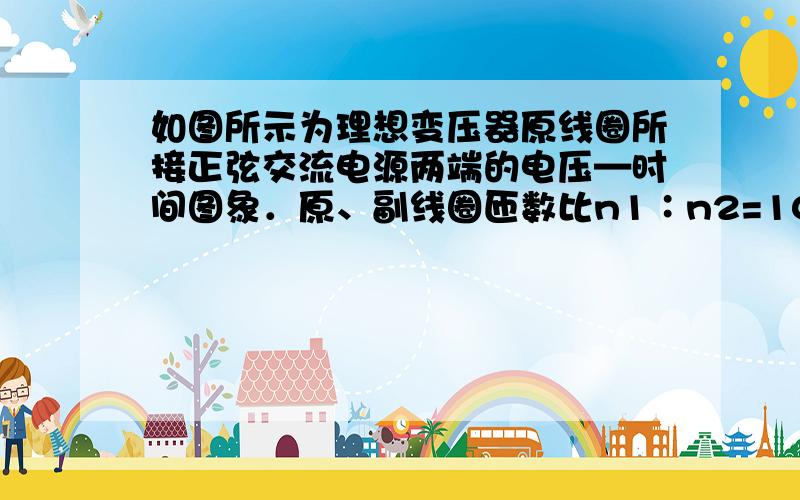 如图所示为理想变压器原线圈所接正弦交流电源两端的电压—时间图象．原、副线圈匝数比n1∶n2=10∶1,串联在原线圈电路中