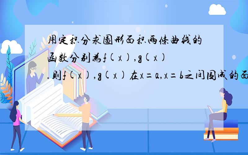 用定积分求图形面积两条曲线的函数分别为f(x),g(x).则f(x),g(x)在x=a,x=b之间围成的面积为∫│g(x