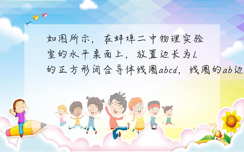 如图所示，在蚌埠二中物理实验室的水平桌面上，放置边长为L的正方形闭合导体线圈abcd，线圈的ab边沿南北方向，ad边沿东