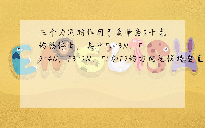 三个力同时作用于质量为2千克的物体上，其中F1=3N，F2=4N，F3=2N，F1和F2的方向总保持垂直，F3的方向可以