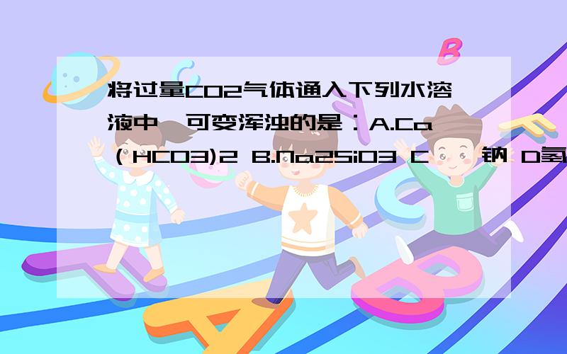 将过量CO2气体通入下列水溶液中,可变浑浊的是：A.Ca（HCO3)2 B.Na2SiO3 C苯酚钠 D氢氧化钡