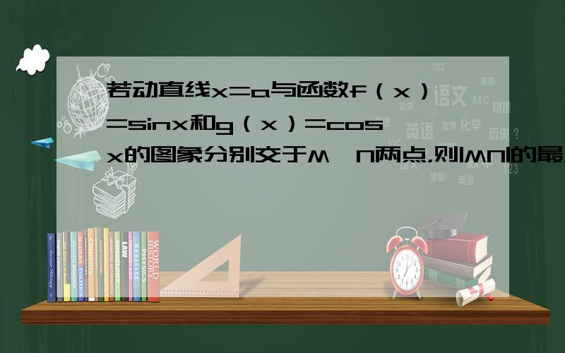 若动直线x=a与函数f（x）=sinx和g（x）=cosx的图象分别交于M、N两点，则|MN|的最大值为 ___ ．