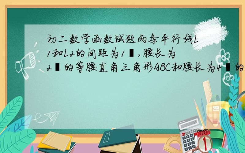 初二数学函数试题两条平行线L1和L2的间距为1㎝,腰长为2㎝的等腰直角三角形ABC和腰长为4㎝的等腰直角三角形EDF的直