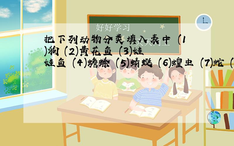 把下列动物分类填入表中 (1)狗 (2)黄花鱼 (3)娃娃鱼 (4)蟾蜍 (5)蜻蜓 (6)蝗虫 (7)蛇 (8)乌龟