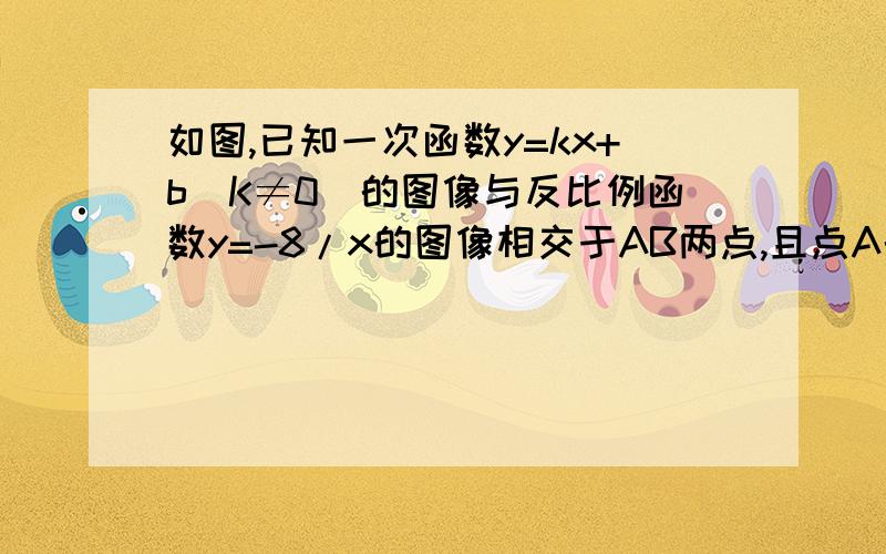 如图,已知一次函数y=kx+b（K≠0）的图像与反比例函数y=-8/x的图像相交于AB两点,且点A的横坐标于B点的