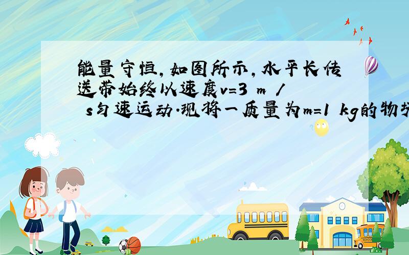 能量守恒,如图所示,水平长传送带始终以速度v=3 m / s匀速运动.现将一质量为m=1 kg的物块放于左端（无初速度）