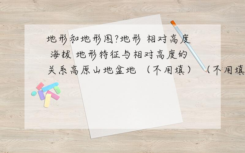 地形和地形图?地形 相对高度 海拔 地形特征与相对高度的关系高原山地盆地 （不用填） （不用填）丘陵