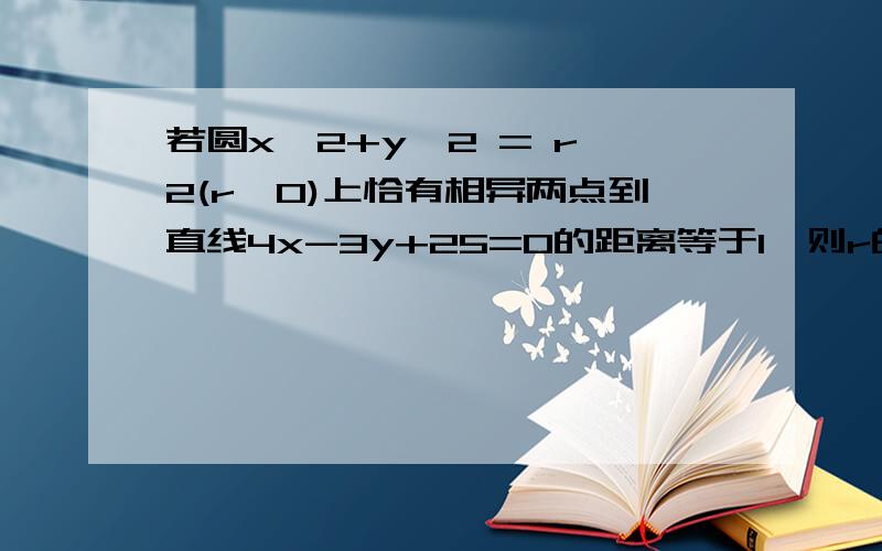 若圆x^2+y^2 = r^2(r>0)上恰有相异两点到直线4x-3y+25=0的距离等于1,则r的取值范围是