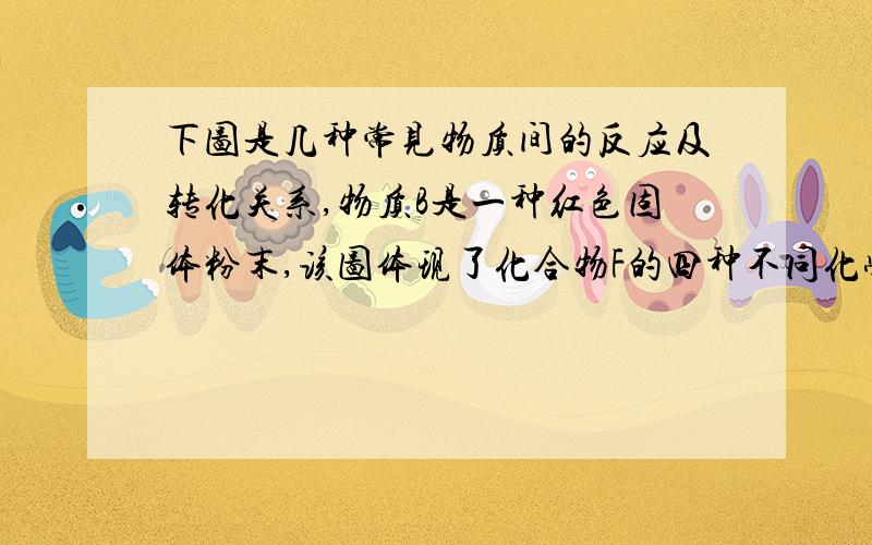 下图是几种常见物质间的反应及转化关系,物质B是一种红色固体粉末,该图体现了化合物F的四种不同化学性质