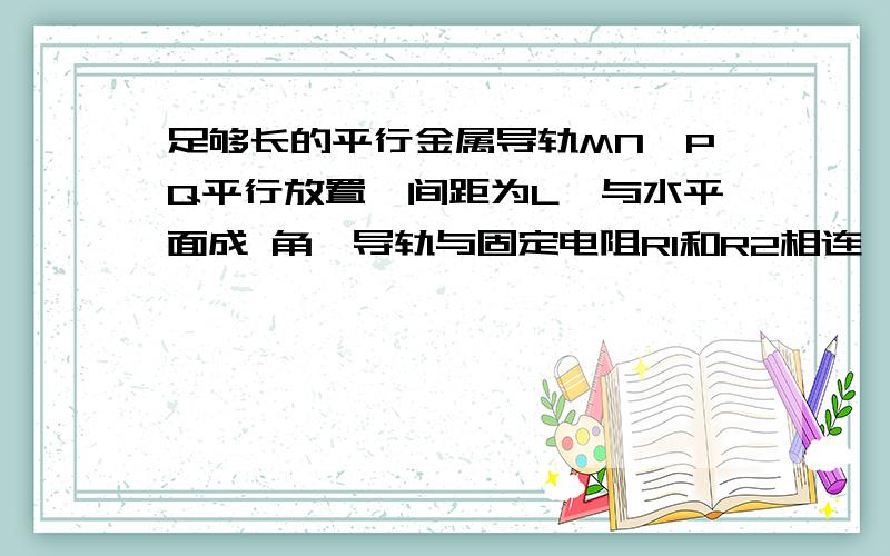 足够长的平行金属导轨MN、PQ平行放置,间距为L,与水平面成 角,导轨与固定电阻R1和R2相连,