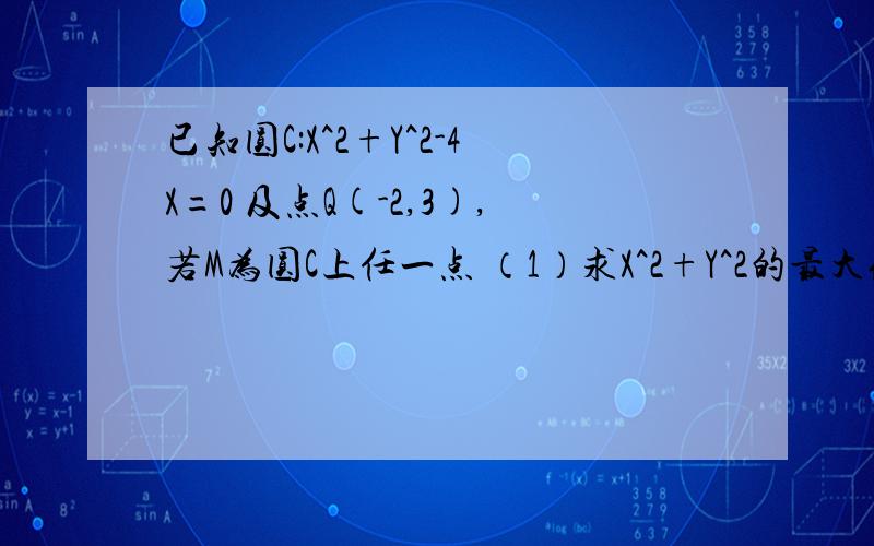 已知圆C:X^2+Y^2-4X=0 及点Q(-2,3),若M为圆C上任一点 （1）求X^2+Y^2的最大值 （2）|MQ