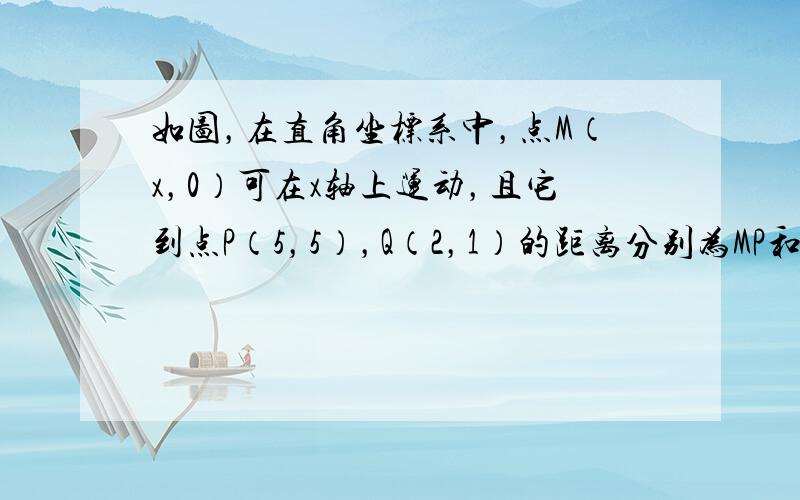 如图，在直角坐标系中，点M（x，0）可在x轴上运动，且它到点P（5，5），Q（2，1）的距离分别为MP和MQ，当MP+M