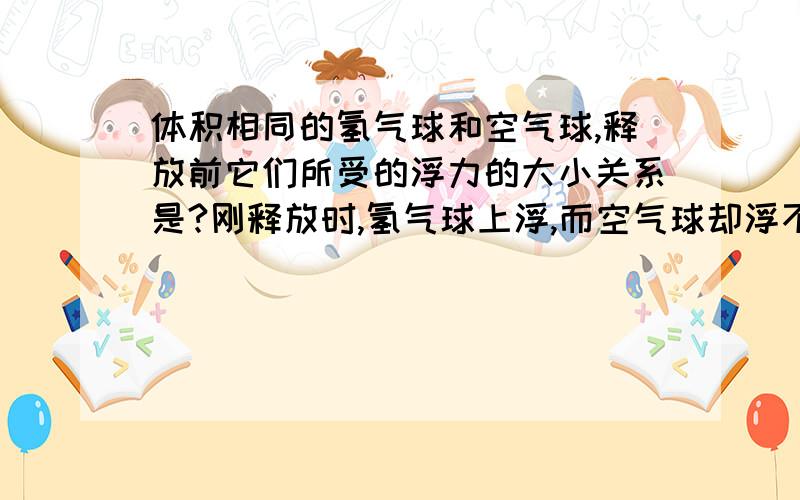 体积相同的氢气球和空气球,释放前它们所受的浮力的大小关系是?刚释放时,氢气球上浮,而空气球却浮不起.这是因为氢气球所受浮