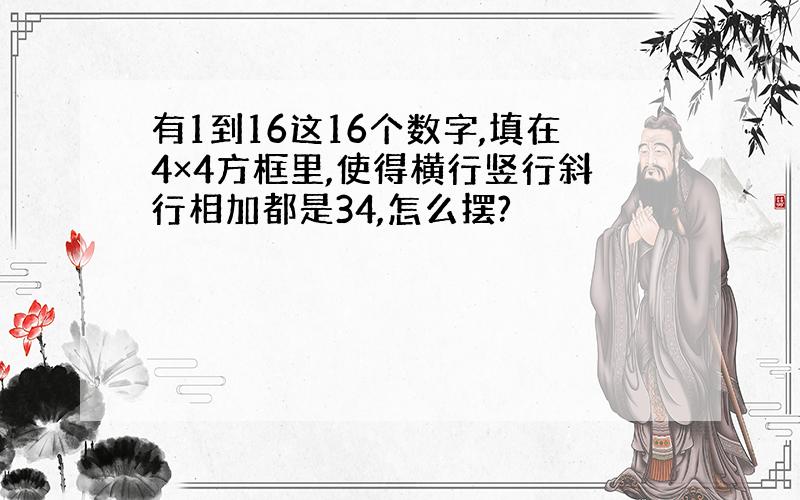 有1到16这16个数字,填在4×4方框里,使得横行竖行斜行相加都是34,怎么摆?