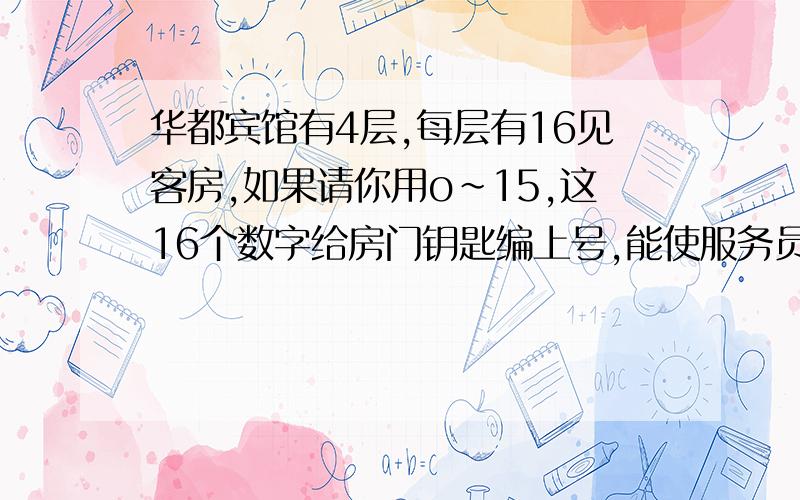 华都宾馆有4层,每层有16见客房,如果请你用o~15,这16个数字给房门钥匙编上号,能使服务员很容易知道哪间客房