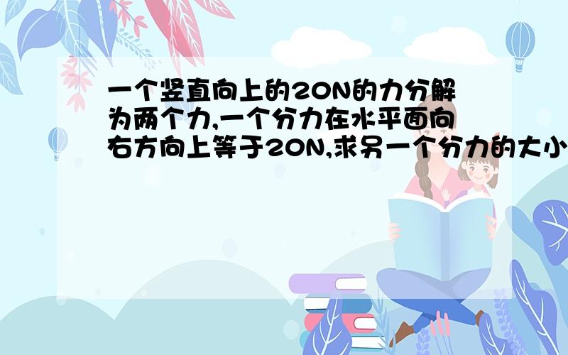 一个竖直向上的20N的力分解为两个力,一个分力在水平面向右方向上等于20N,求另一个分力的大小和方向.