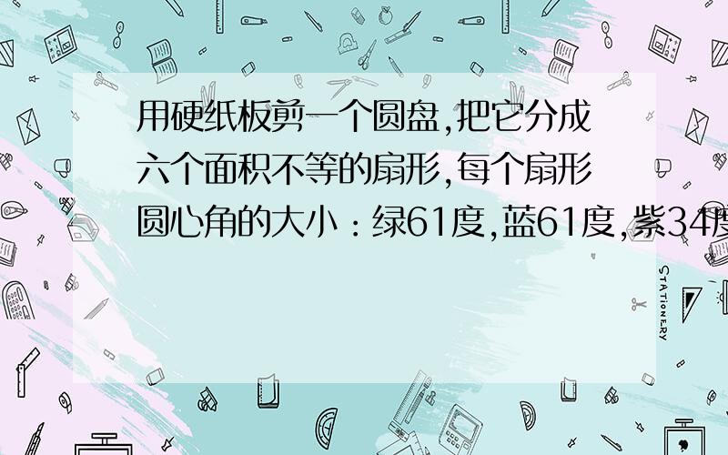 用硬纸板剪一个圆盘,把它分成六个面积不等的扇形,每个扇形圆心角的大小：绿61度,蓝61度,紫34度,红106度,橙53度