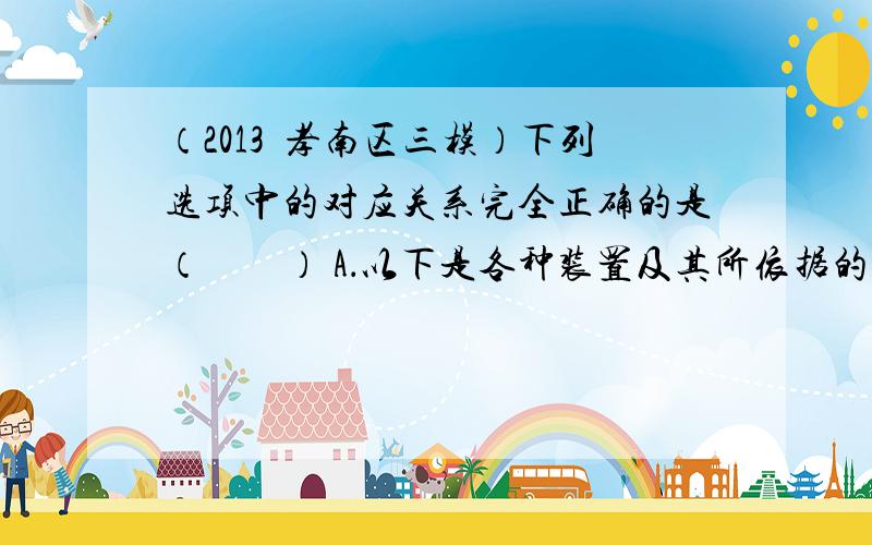 （2013•孝南区三模）下列选项中的对应关系完全正确的是（　　） A．以下是各种装置及其所依据的物理规律B．以下是物品的