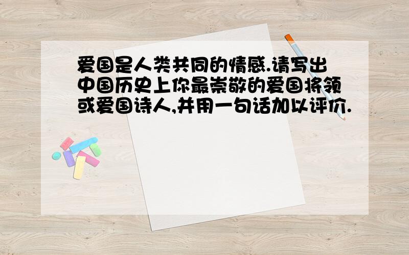 爱国是人类共同的情感.请写出中国历史上你最崇敬的爱国将领或爱国诗人,并用一句话加以评价.