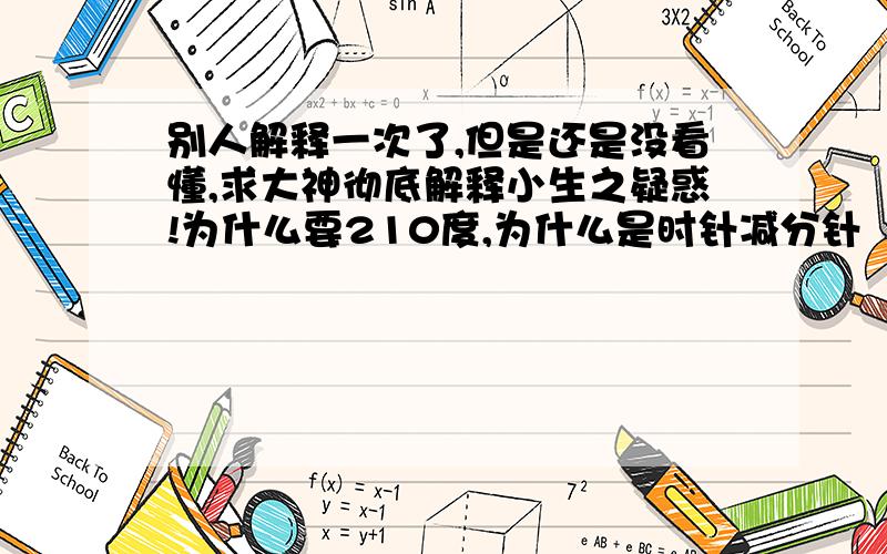 别人解释一次了,但是还是没看懂,求大神彻底解释小生之疑惑!为什么要210度,为什么是时针减分针（不是应该分钟减时针的吗）