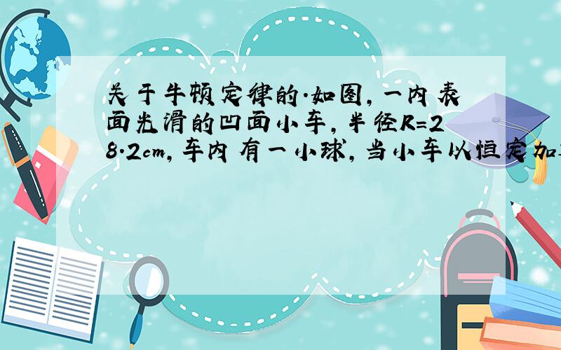 关于牛顿定律的.如图,一内表面光滑的凹面小车,半径R=28.2cm,车内有一小球,当小车以恒定加速度向右运动时,小球沿凹