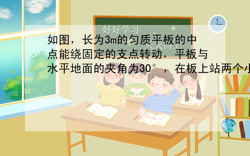 如图，长为3m的匀质平板的中点能绕固定的支点转动，平板与水平地面的夹角为30°，在板上站两个小孩．已知20kg的甲小孩位