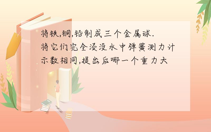 将铁,铜,铅制成三个金属球.将它们完全浸没水中弹簧测力计示数相同,提出后哪一个重力大