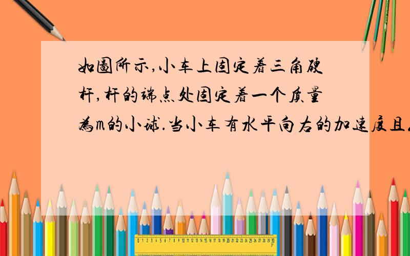 如图所示,小车上固定着三角硬杆,杆的端点处固定着一个质量为m的小球．当小车有水平向右的加速度且从零开始逐渐增大时,杆对小