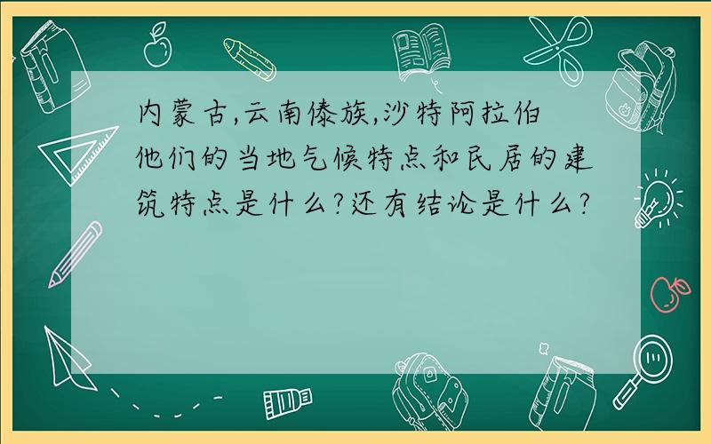 内蒙古,云南傣族,沙特阿拉伯他们的当地气候特点和民居的建筑特点是什么?还有结论是什么?