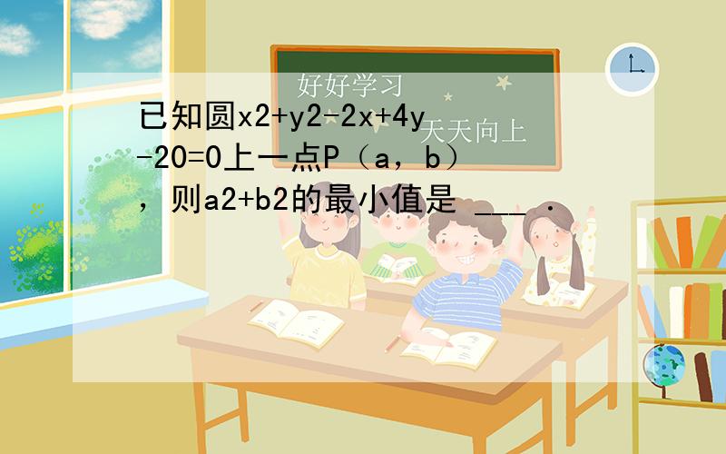 已知圆x2+y2-2x+4y-20=0上一点P（a，b），则a2+b2的最小值是 ___ ．