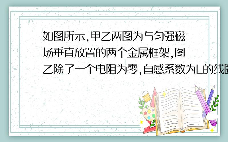 如图所示,甲乙两图为与匀强磁场垂直放置的两个金属框架,图乙除了一个电阻为零,自感系数为L的线圈外,其他部分与图甲都相同,